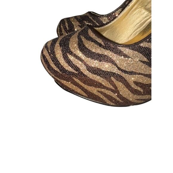 QUPID Brown/ Gold Zebra Print Rhinestone Platform Stiletto Heels Size 8 - Picture 10 of 14